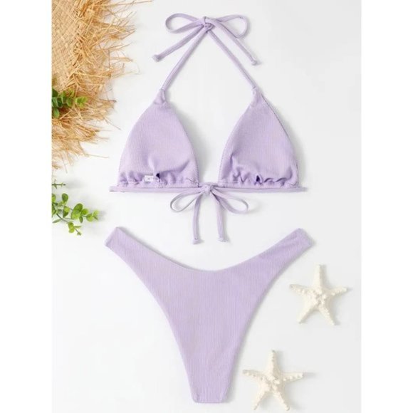 Lavender Ribbed Bikini Two Piece Swimsuit Drawstring Halter Top Cheeky Set - Picture 3 of 7